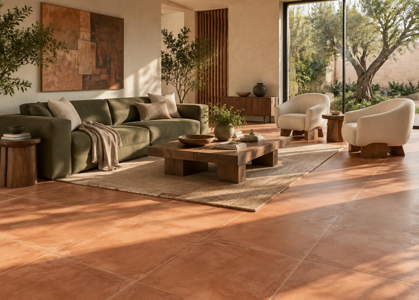 Sunlit living room finished with warm terracotta NITCO floor tiles