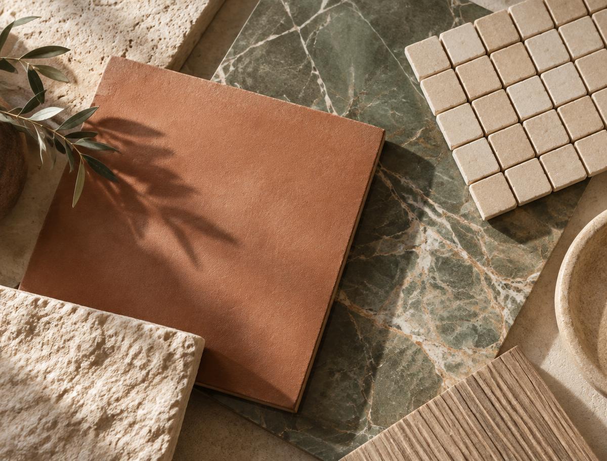 Terracotta tile, sage marble and cream mosaic material pairing